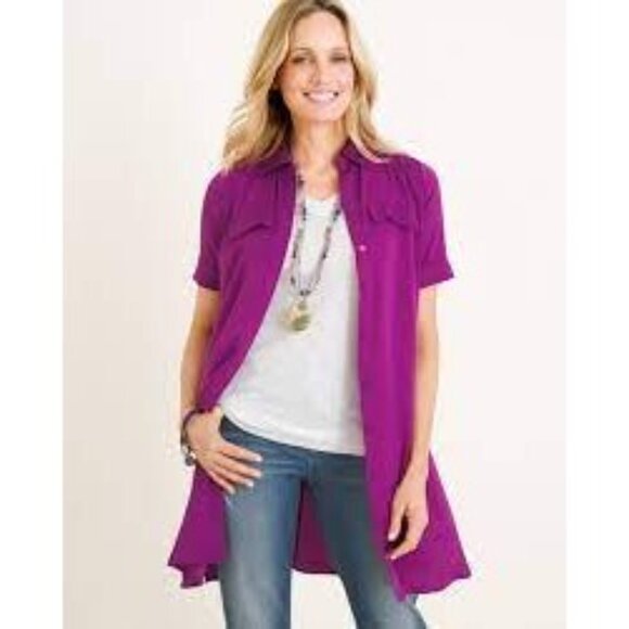 Chico's Colorful XL/16 (3) Long Tunic Shirt Button Down Front Pockets Summer - Picture 2 of 9